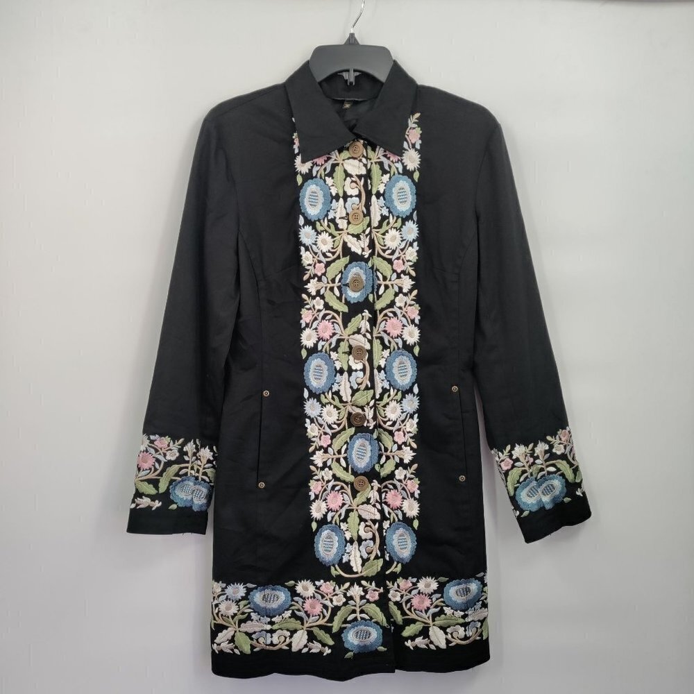 Christine Phillipe Embroidered Tunic Stretch Button Up Duster Jacket 8 Women